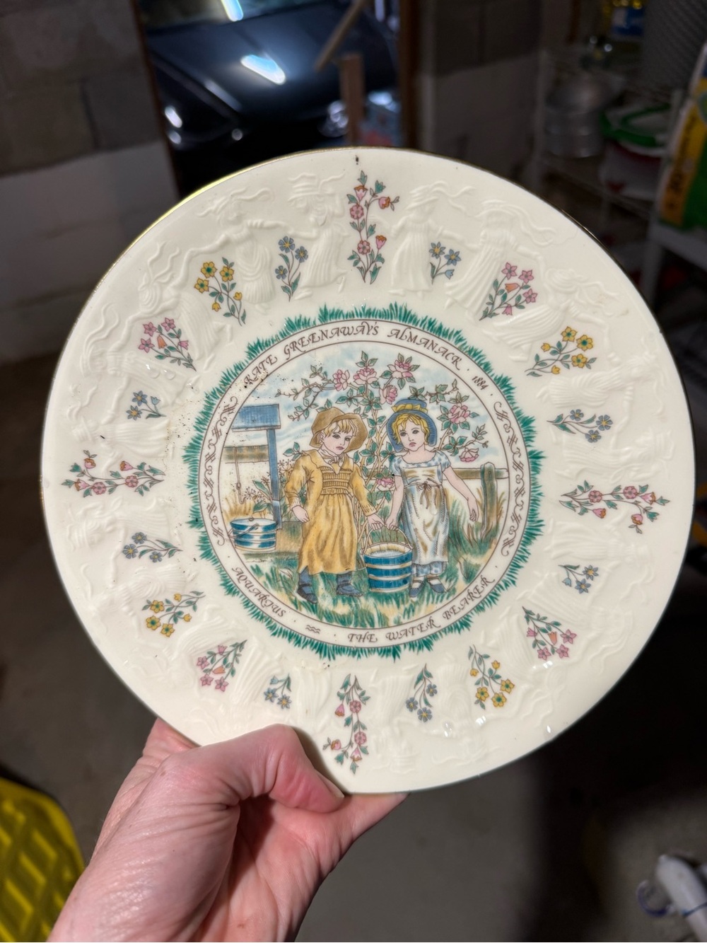 Source Unknown Cream and Green Ceramic Plate with Pastoral Children Motif